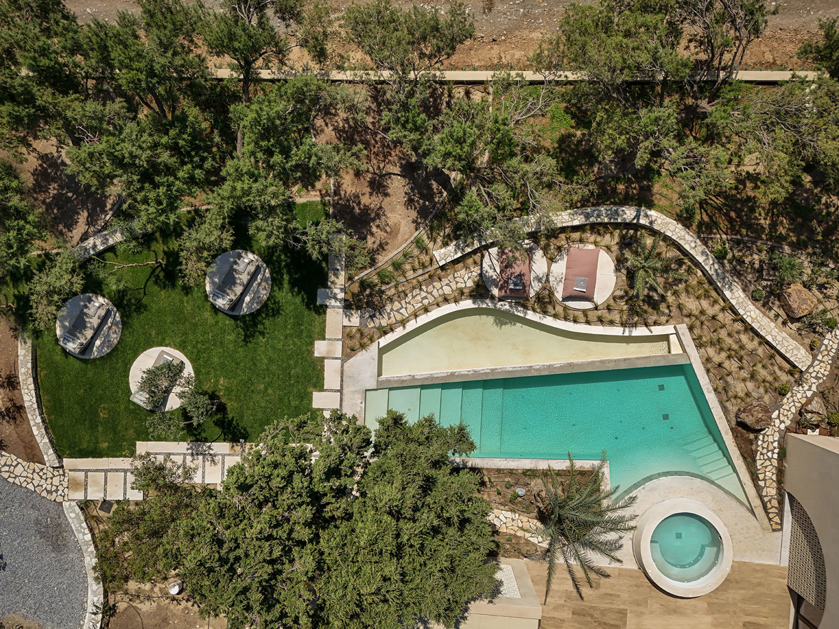 Aerial view of the villa grounds and pool